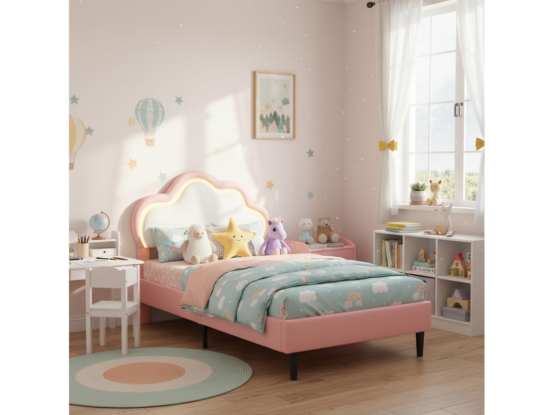 Cama infantil estofada 90x200cm com LED, formato de nuvem, cabeceira ajustável rosa INONEFT
