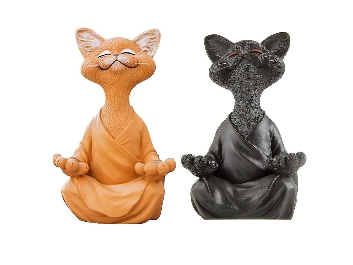 Figura De Gato Feliz Em Pose De Yoga E Meditação - Resina Pintada À Mão 5"x3"x2" Laranja E Preto