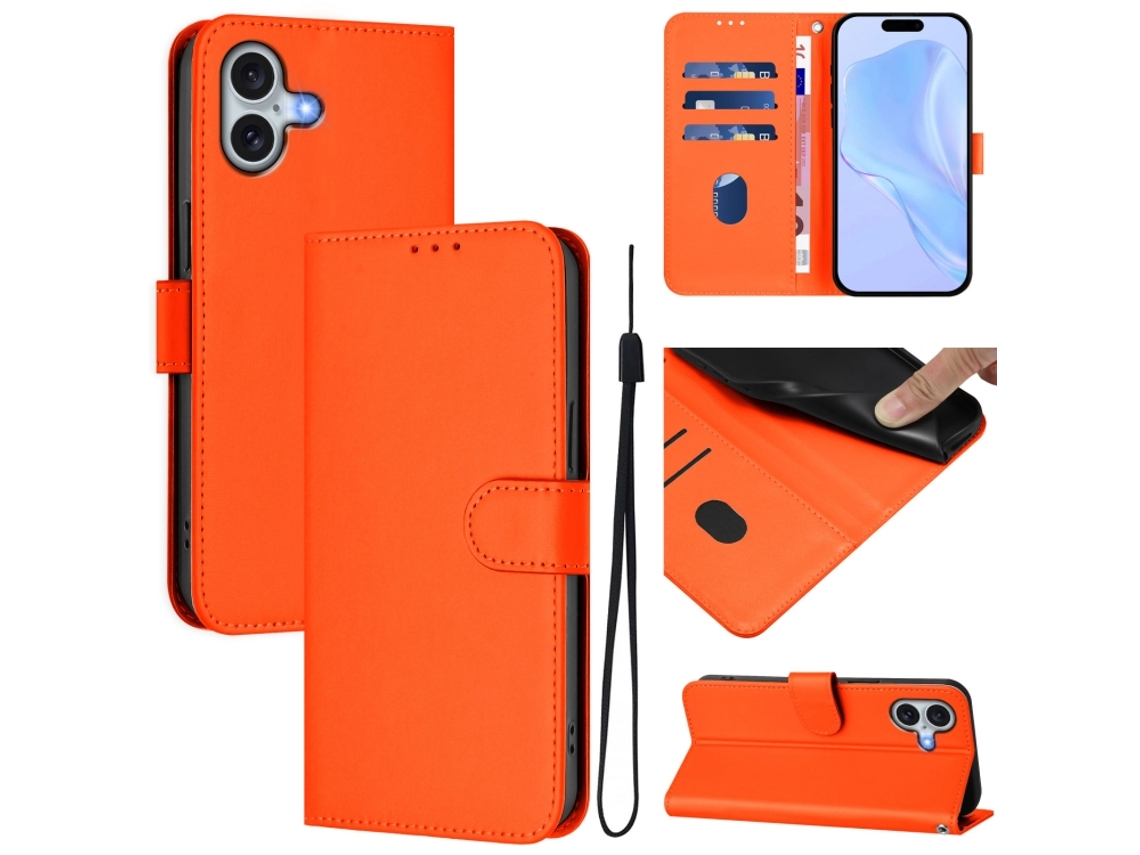 Capa De Couro Sintético Para Iphone 16 Plus - Toque Suave - Cor Sólida - Com Cordão