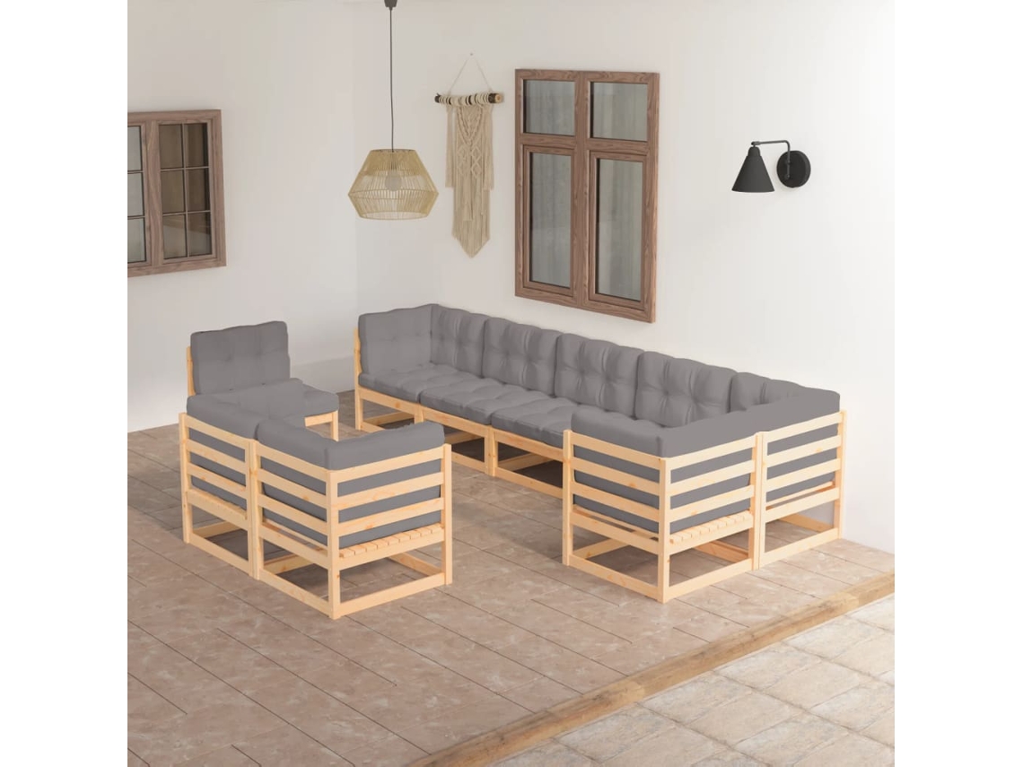 Vidaxl 9 Pcs Conjunto Lounge De Jardim C/ Almofadões Pinho Maciço