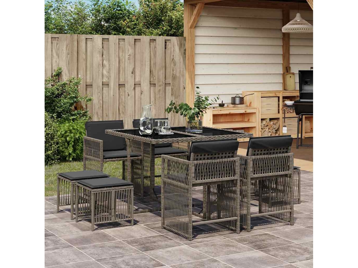 Vidaxl 9 Pcs Conjunto De Jantar P/ Jardim C/ Almofadões Vime Pe Cinza