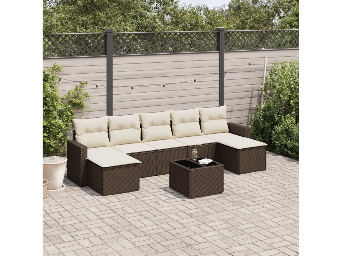 Vidaxl 8 Pcs Conjunto Sofás De Jardim C/ Almofadões Vime Pe Castanho