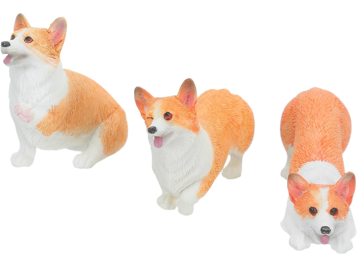 Conjunto 3 Miniaturas Corgi Resina Decoração Versátil Detalhada Escritório Painel Carro Cães Casa GOKOCO