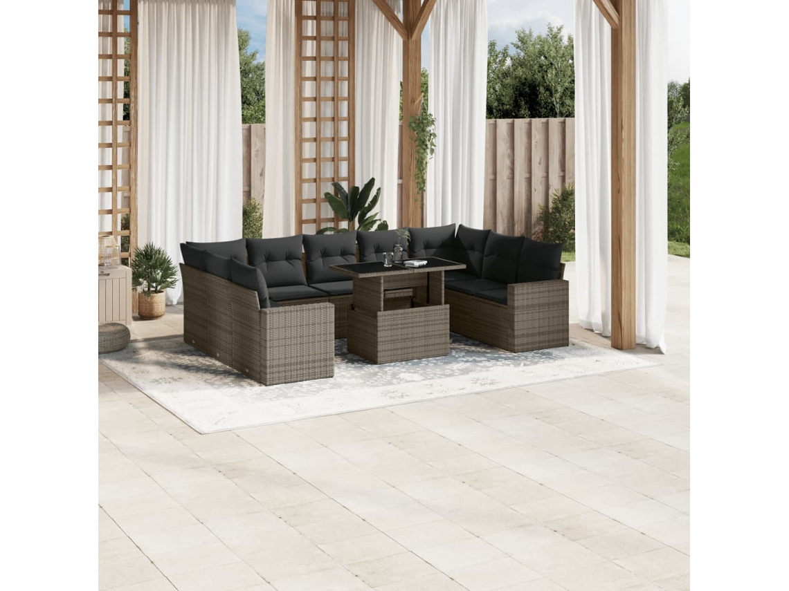 Vidaxl 10 Pcs Conjunto Sofás De Jardim C/ Almofadões Vime Pe Cinzento