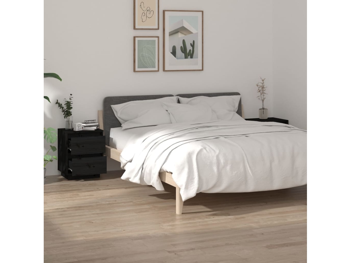 Vidaxl Mesas De Cabeceira 2 Pcs 40x35x50 Cm Pinho Maciço Preto