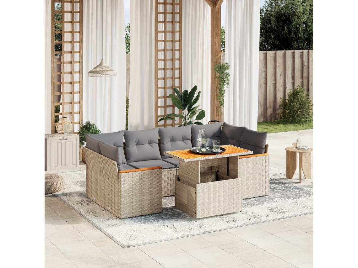 Vidaxl 7 Pcs Conjunto De Sofás P/ Jardim Com Almofadões Vime Pe Bege