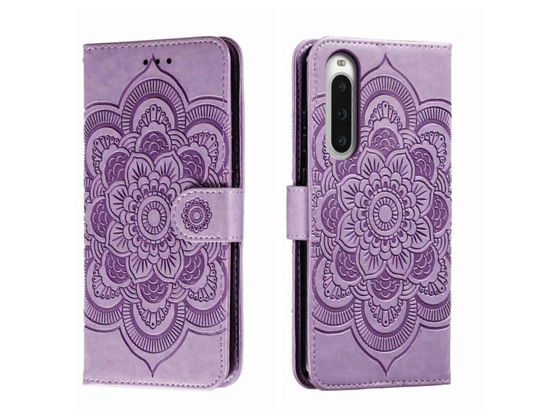 Capa De Couro Para Celular Com Padrão De Mandala Solar Em Relevo