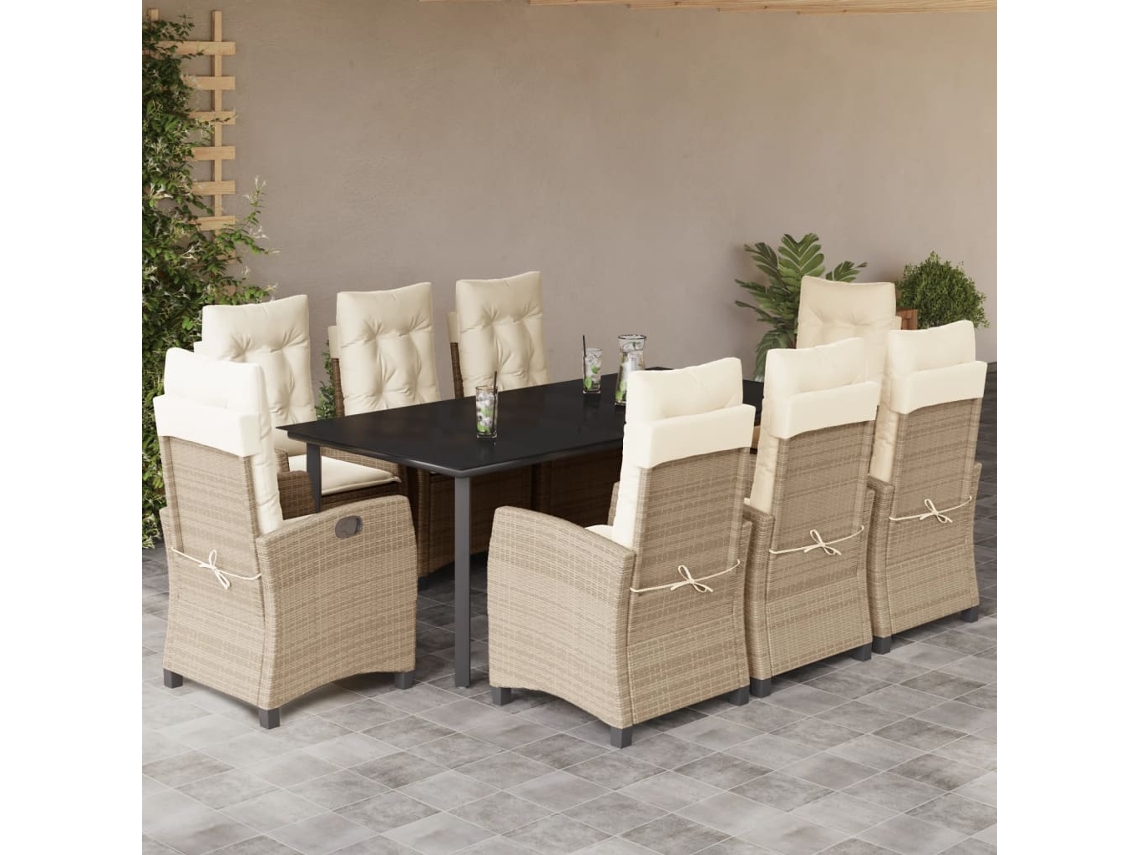 Vidaxl 9 Pcs Conjunto de Jantar P/ Jardim com Almofadões Vime Pe Bege