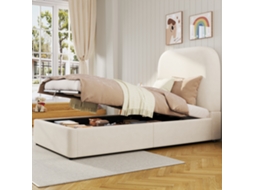 Cama Solteiro 90x200 C/ Elevação, Ripas E Revestimento Veludo Bege