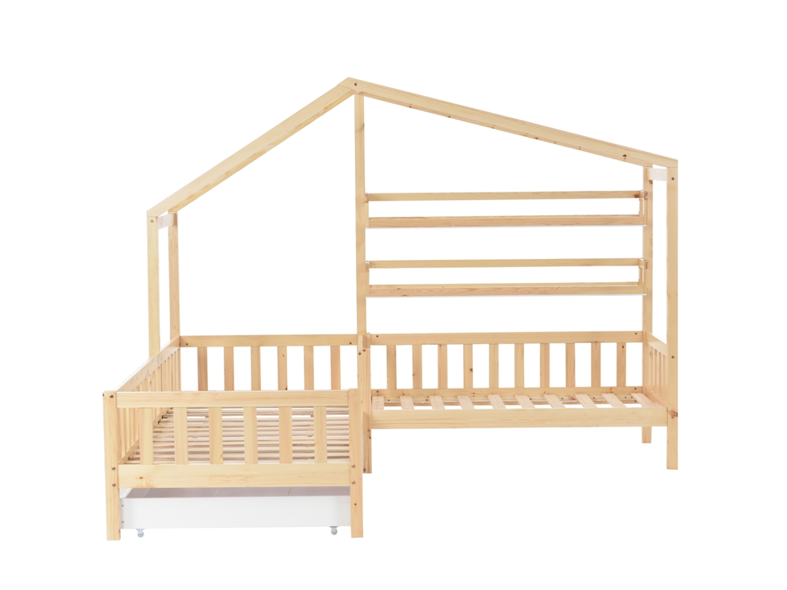 Cama De Cabina 90x200cm 140x70cm Em Madeira Maciça - Com Gavetas E Prateleiras Estrado - Natural
