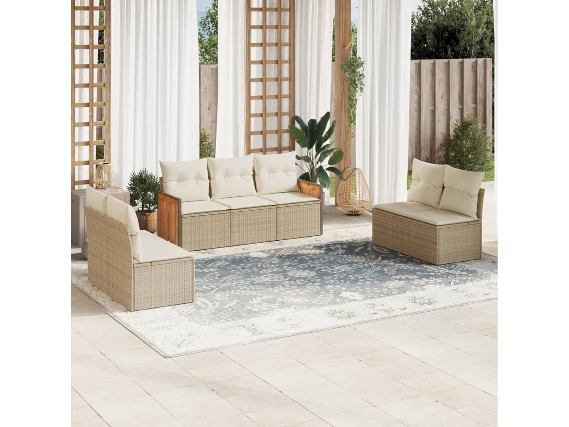Vidaxl 7 Pcs Conjunto De Sofás P/ Jardim Com Almofadões Vime Pe Bege