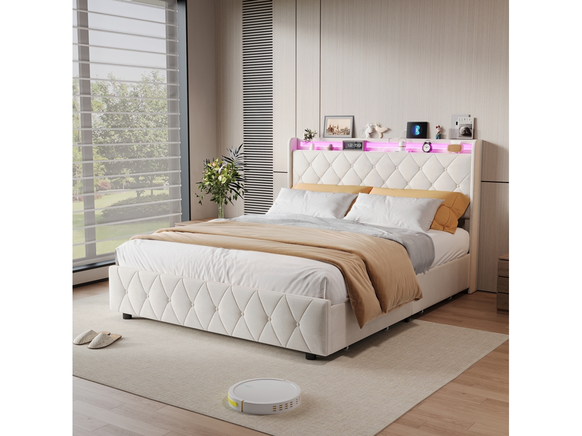 Cama De Casal, 140x200 Cm, Estofada Em Veludo, Com Gavetas, Cabeceira Com Entradas Usb E Usb-c E Led Multicolorido, Bege.