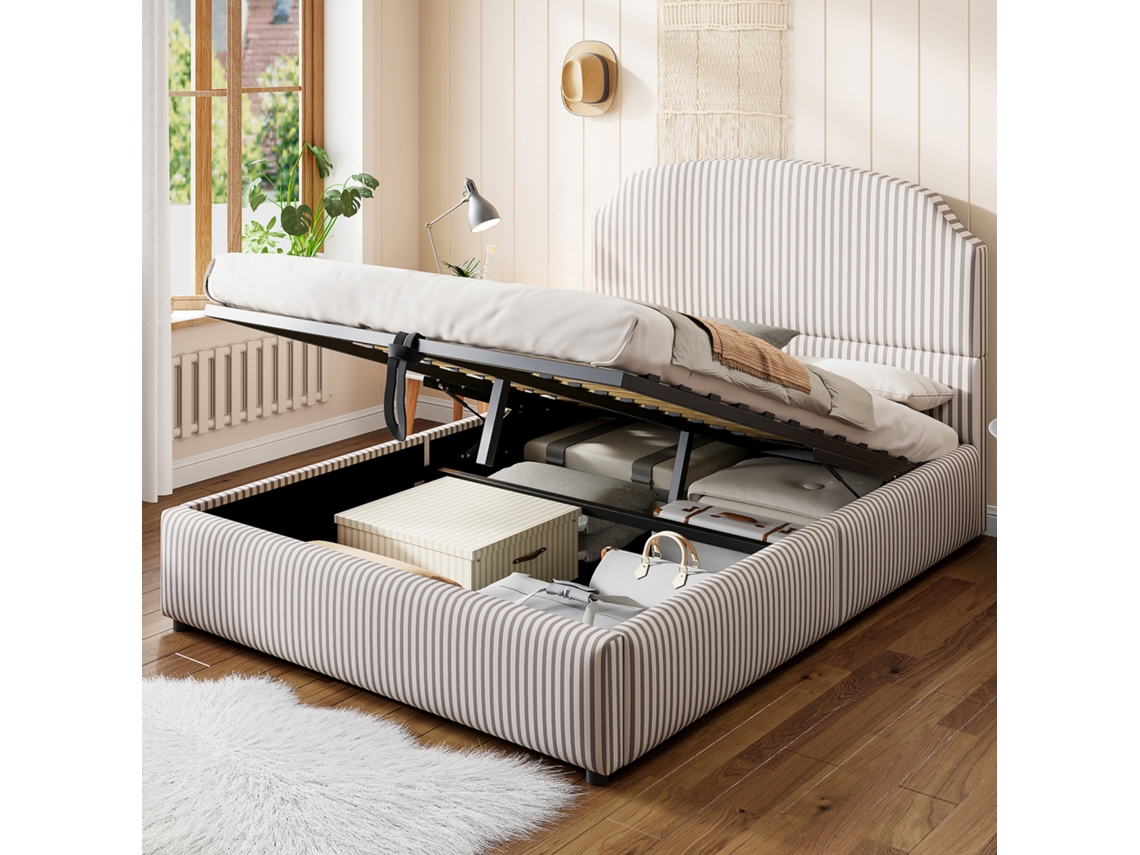 Cama Casal 140x200 Hidráulica Armazenamento Tecido Listrado Alta Qualidade