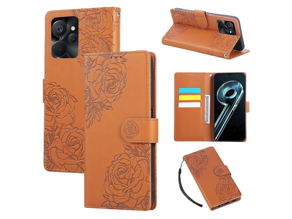 Capa De Couro Para Celular Com Estampa De Flor De Rosa E 3 Compartimentos Para Cartões
