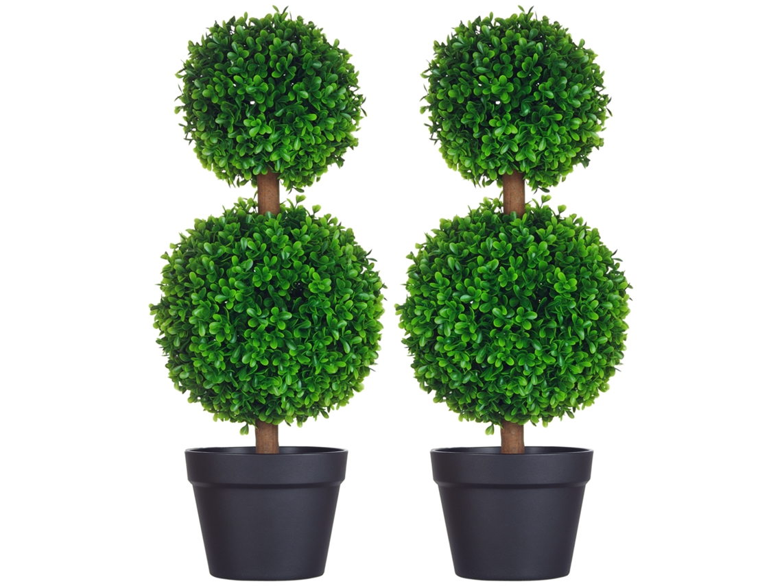 2 Árvores Buxo Artificial com Bolas Duplas,tronco e Vaso Inclusos altura 60cm,verde BTFORUS