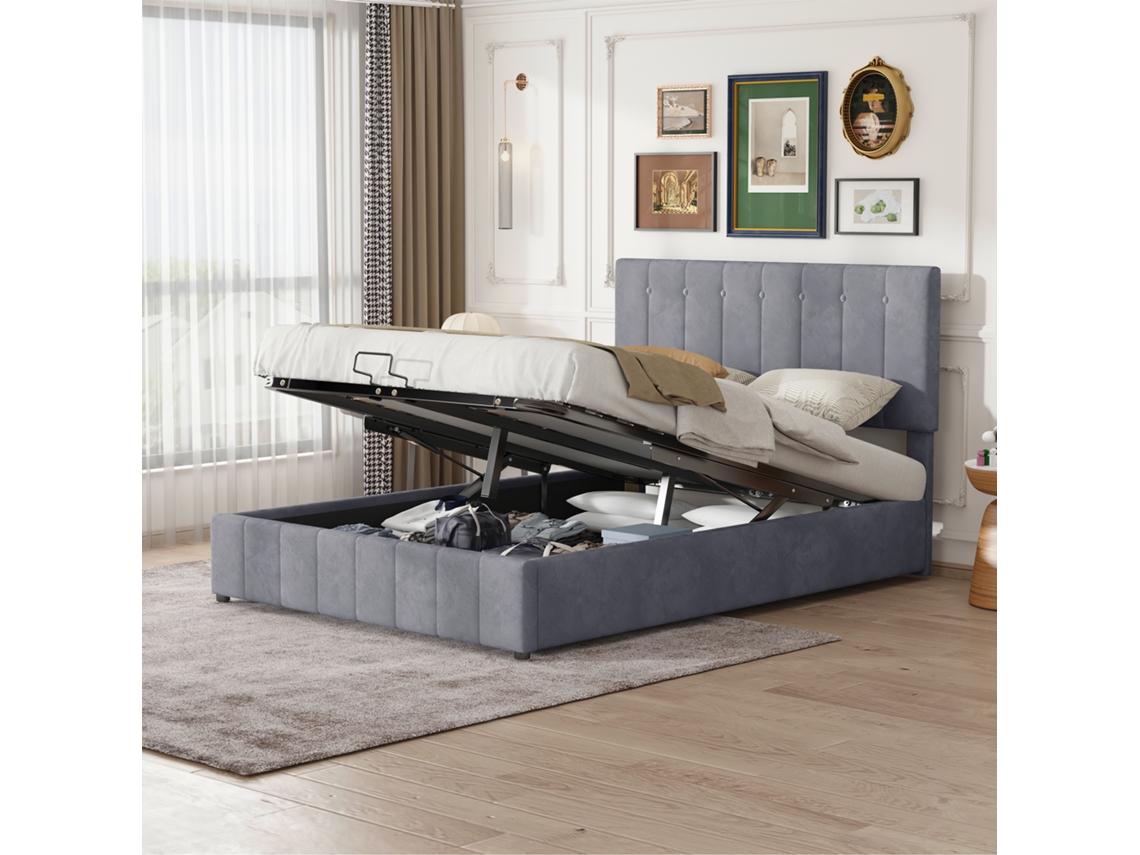 Cama Com Baú Estofada 140x200 Cm Tecido De Veludo Cinza Estilo