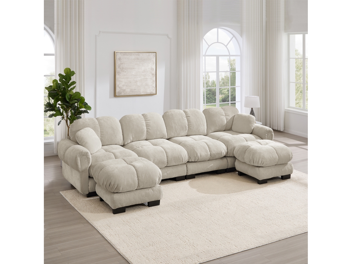 Sofá De Canto U 4 Lugares Em Chenille Com 2 Pufes Móveis, Design Acolchoado E Encosto Ergonómico, Caqui Claro
