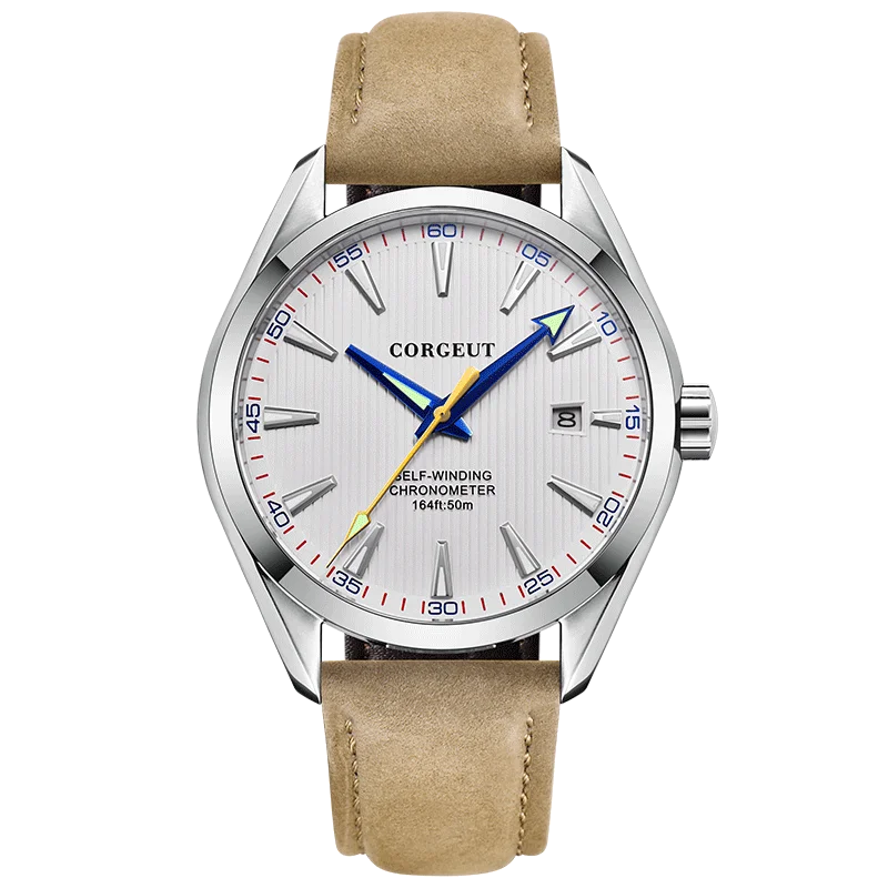 Relógio Masculino Automático Mecânico De 41 Mm (branco), Com Acabamento Luminoso Em Couro De Luxo.