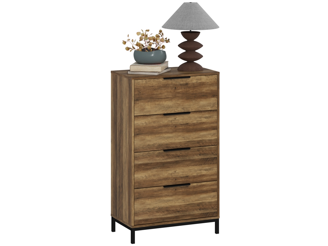 Cómoda com 4 Gavetas Melamina de Madeira e Metal Cor Castanho Rústico 62x35x105 cm Homcom