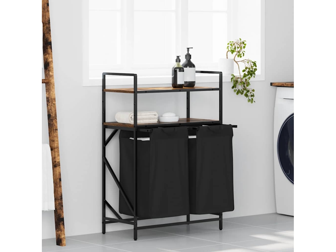 Vidaxl Cesto De Roupa Suja Com 2 Compartimentos E Prateleiras, Cor Carvalho Defumado