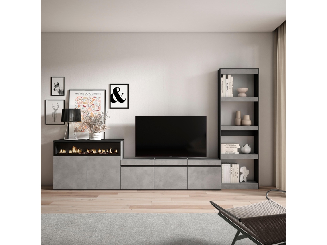 Conjunto De Móveis Tv, 310x35x186cm, Para Televisores Até 65", Lareira Eléctrica, Cimento