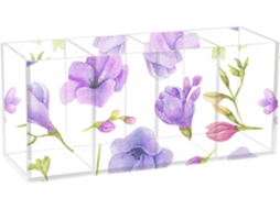 Conjunto de 4 Porta lápis Acrílico Frodotgv com Estampa Flor Frésia Roxa em Aquarela, Ideal para Escritório e