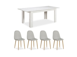 Mesa De Jantar Extensível - Homestyle4u - 160,5x90,5 Cm - Branco Shabby - 4 Cadeiras Em Linho Cinza - Extensível Até 200,5 Cm