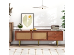 Móvel De Tv 160x40x60 Cm - Estilo Moderno Com Portas De Correr Em Rattan E Gavetas - Nogueira E Rattan Escuro