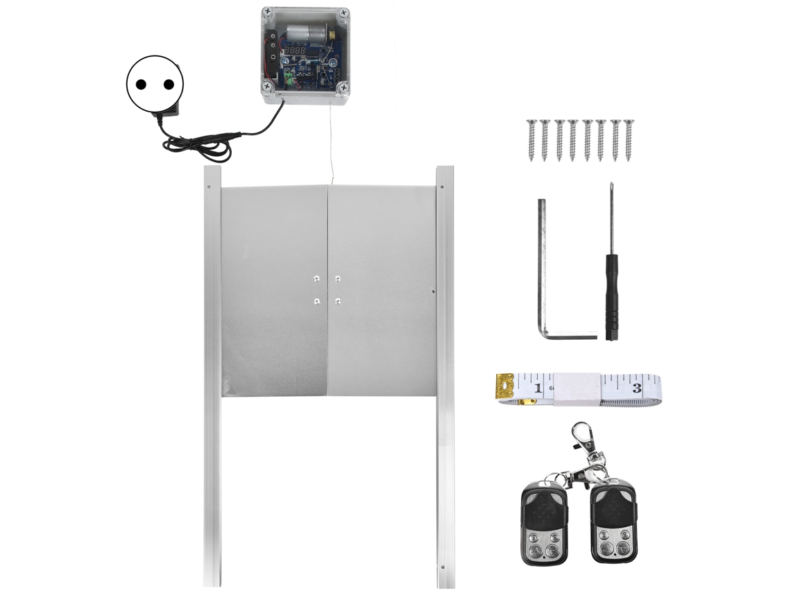 Abridor automático de portão para galinheiras com temporizador e sensor de luz, com funções de controlo para ambos.