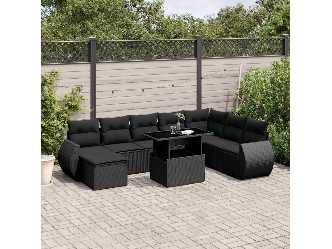 Vidaxl 9 Pcs Conjunto De Sofás P/ Jardim C/ Almofadões Vime Pe Preto