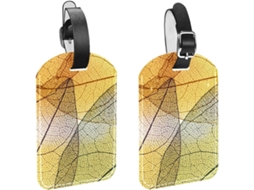 Conjunto De 2 Etiquetas Bagagem Abstratas Em Couro Sintético Com Folhas Amarelas Transparentes