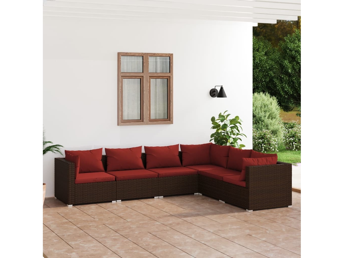 Vidaxl 6 Pcs Conjunto Lounge Jardim C/ Almofadões Vime Pe Castanho
