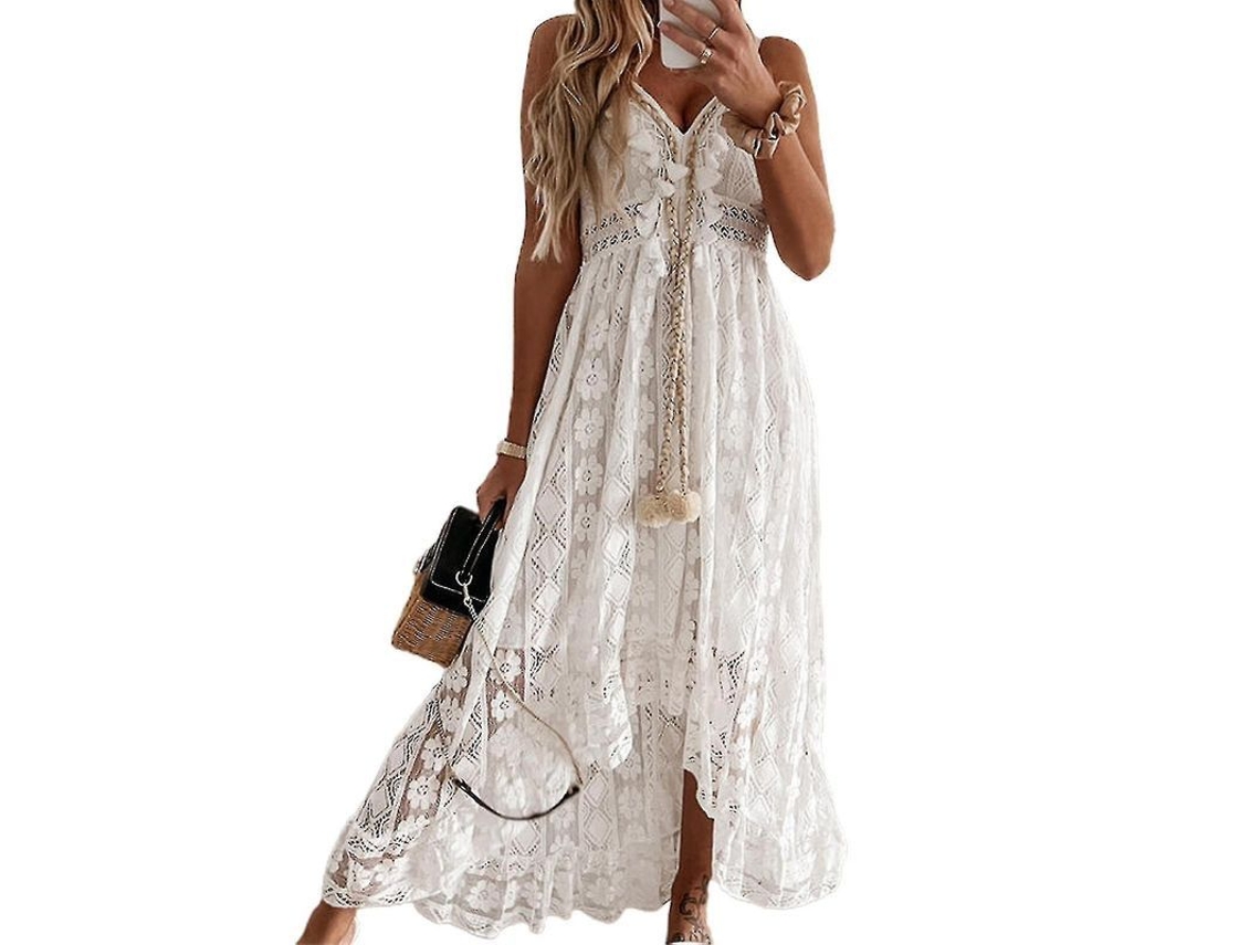 Vestido Midi De Encaje Con Volantes Para Mujer, Verano Elegante, Escote V, Sin Mangas, Fiesta Y Playa S Blanco