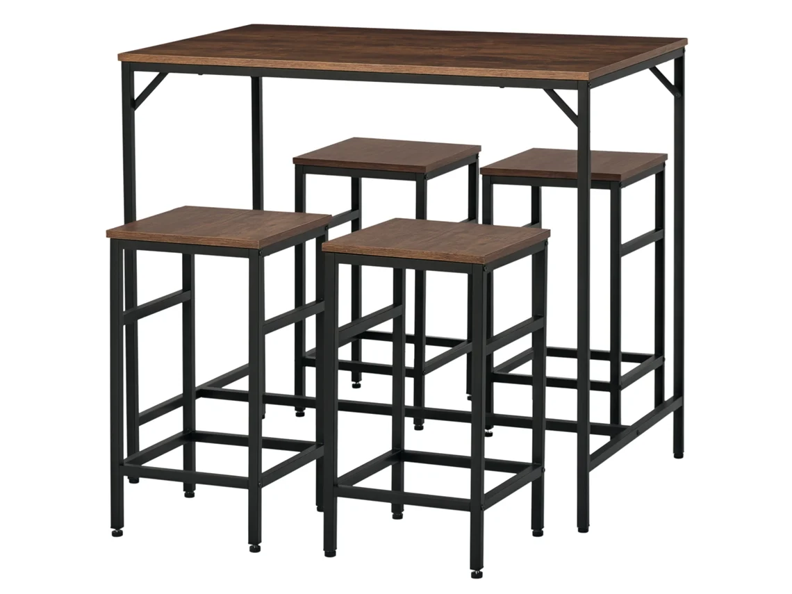 Conjunto de Mesa Cozinha Industrial, 4 Banquetas, Metal e Madeira, 100x60x88 Cm, Marrom Rústico, ETOWN COMMERCE GMBH