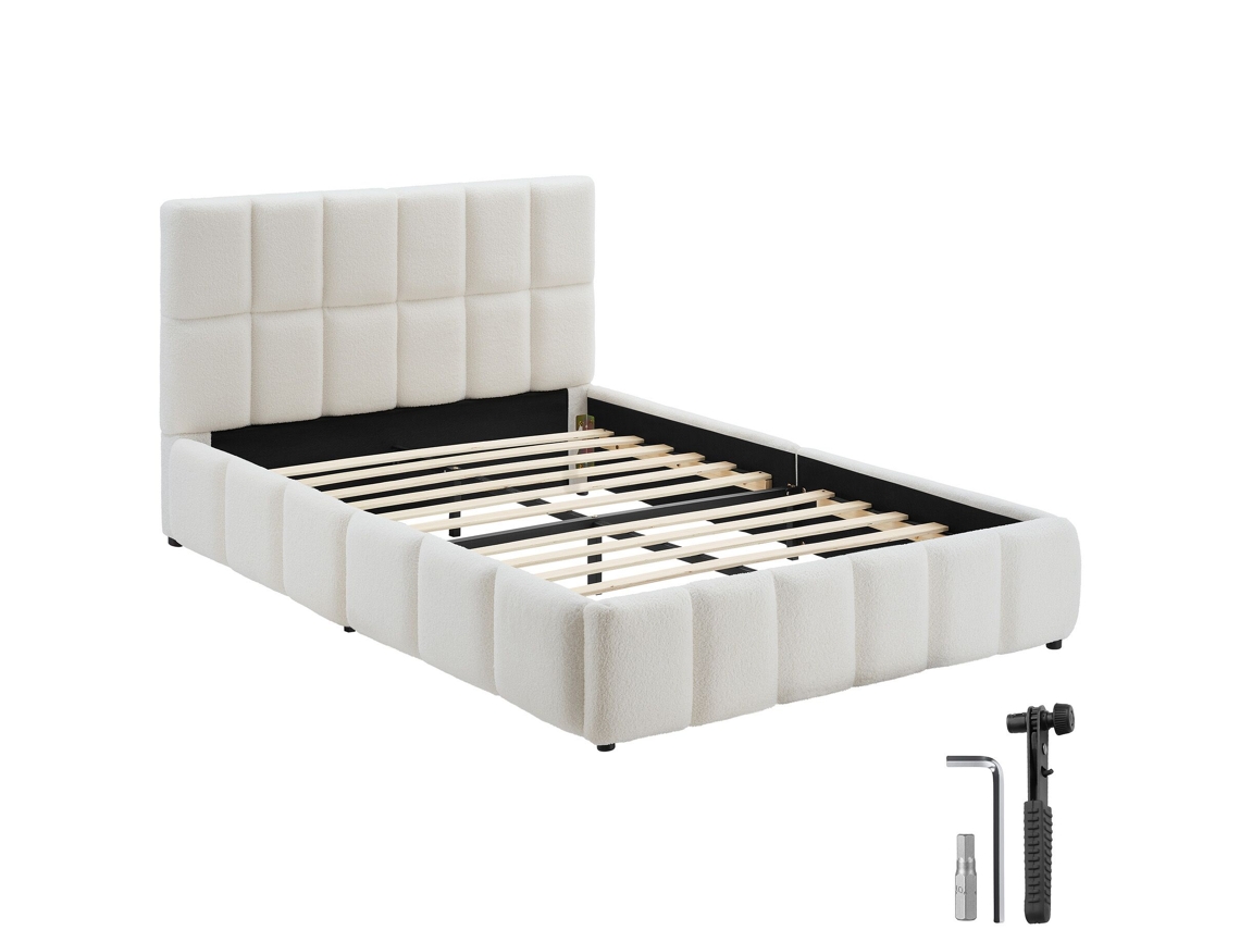 Cama Estofada Tectake Com Base Ripas, Moderna E Conforto Design, Tecido Teddy, Mdf E Aço, 133x220x93cm, Creme