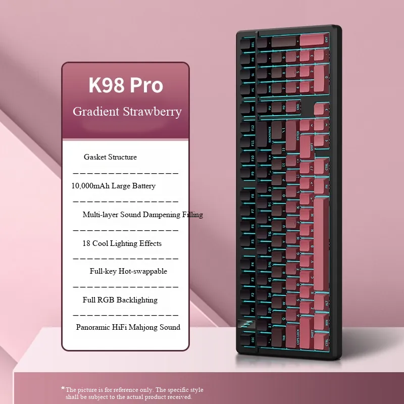 K98pro Teclado Mecânico Wireless 3 Modos - Switches Branco - Rgb - Morango Com Preto