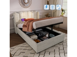 Cama Solteiro 90x200 Com Luz Leitura Usb Armazenamento Linho Sem Colchão