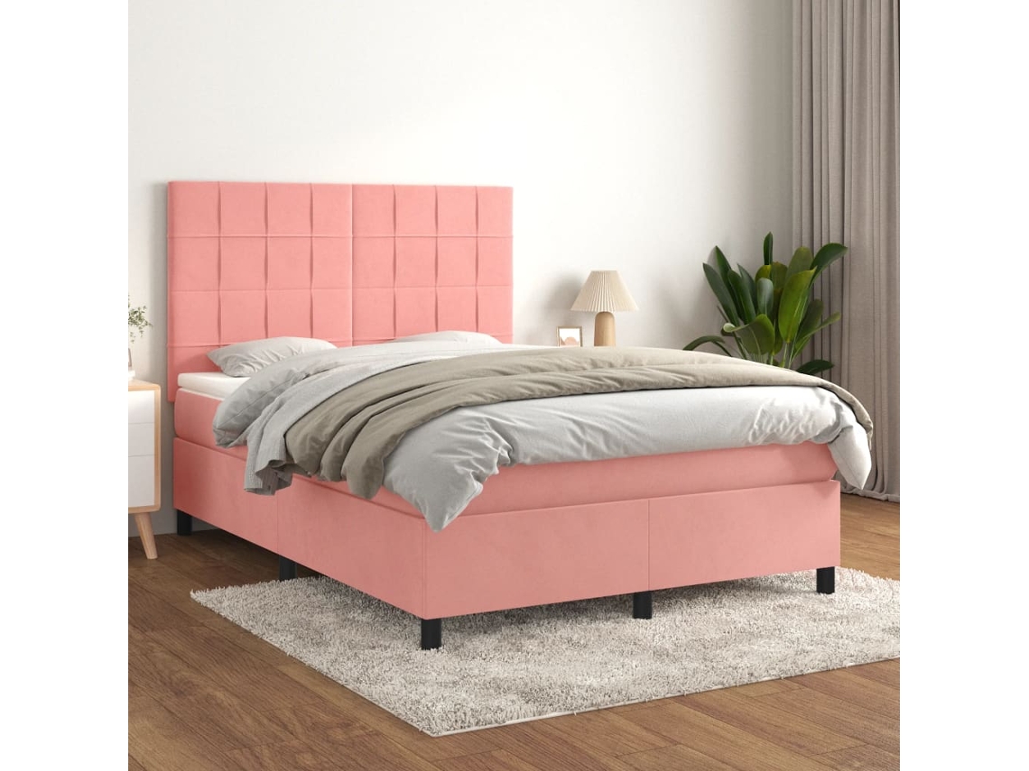 Vidaxl Cama Com Molas/colchão 140x200 Cm Veludo Rosa