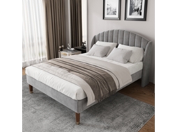 Cama Estofada 160x200 Com Estrado E Cabeceira, Para Jovens E Adultos, Suporte De Ripas De Madeira, Montagem Fácil, Veludo Cinza.
