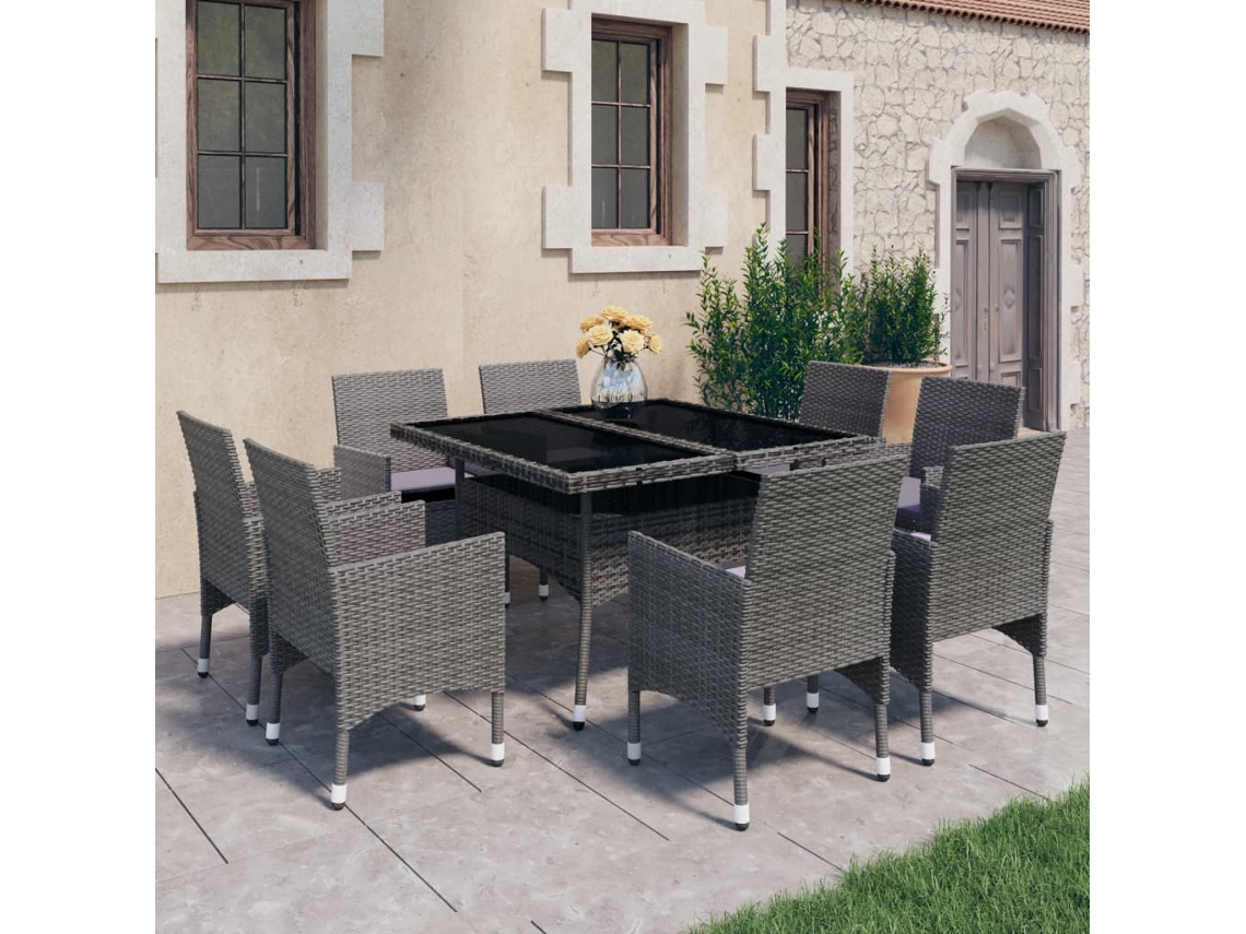Vidaxl 9 Pcs Conjunto de Jantar para Jardim Vime Pe e Vidro Cinzento