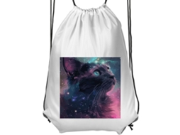 Mochila de Ginástica Infantil- Confortável e Prática, Branca, com Estampa do Gato na Galáxia BRILVIBERA