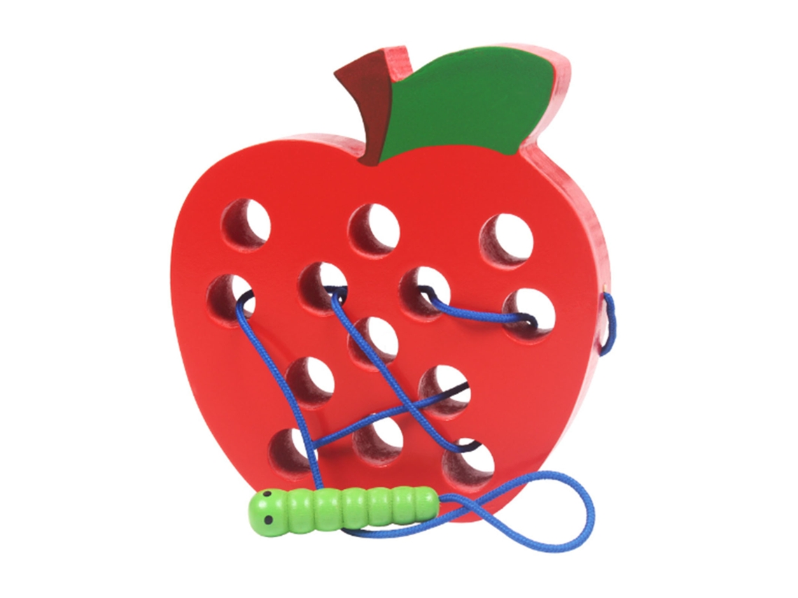 Brinquedo Montessori De Encaixe E Amarração Madeira Minhoca Comendo Frutas