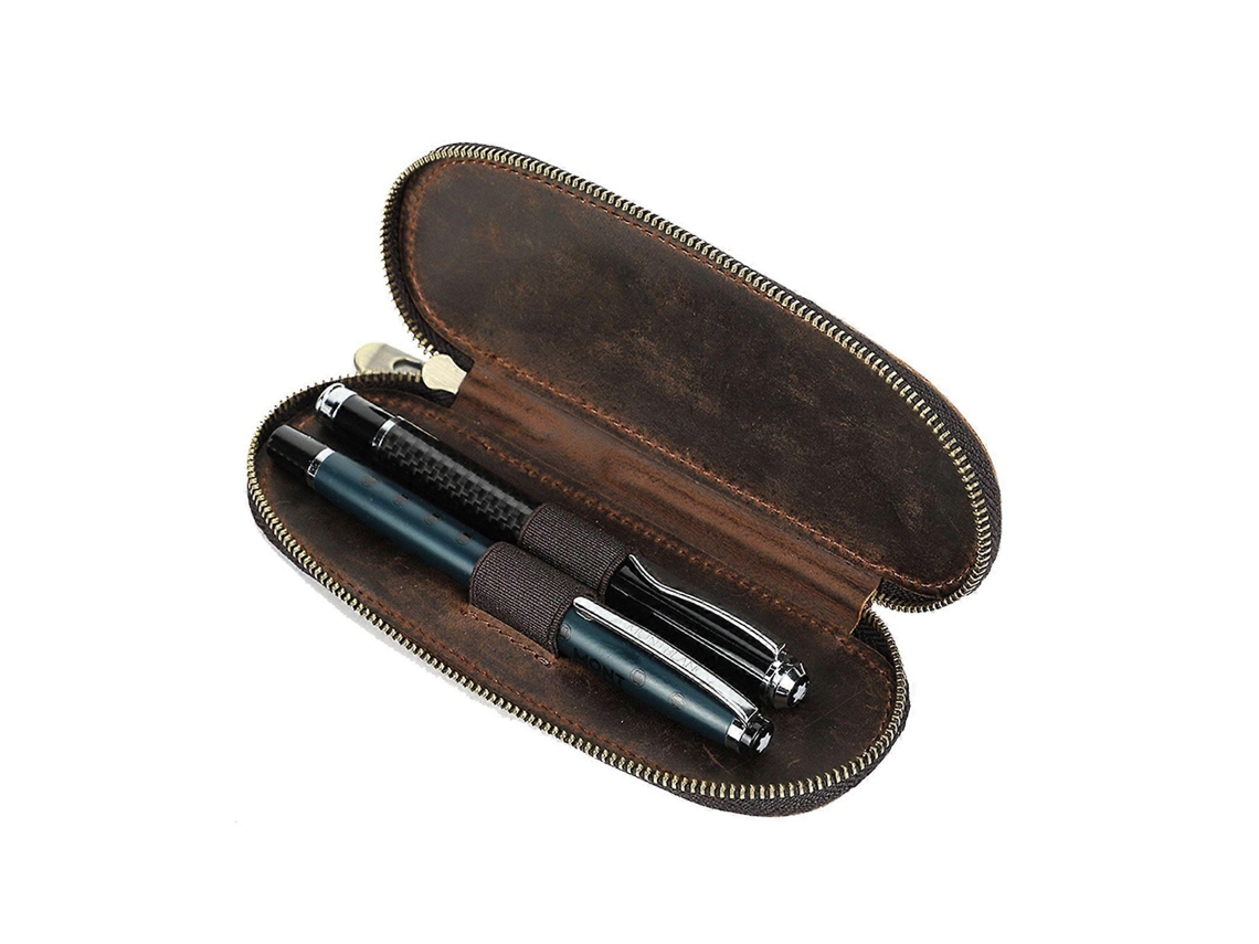 Estojo De Couro Luxuoso 2 Compartimentos Zipper Para Canetas E Lápis