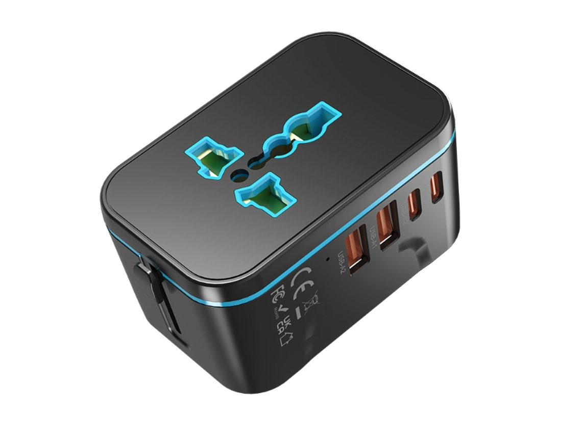 Adaptador de viagem universal PD Global de 20 W, adaptador industrial internacional com 2 portas USB C e 2 portas USB A, conversores para mais países HDDB