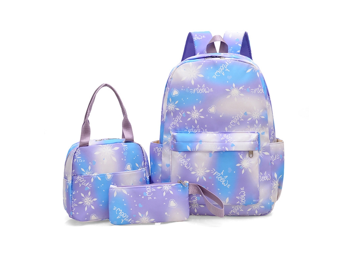 Mochila Floral Feminina Com Lancheira E Estojo, Impermeável, Adequada Para O Ensino Fundamental, Etc. Roxo