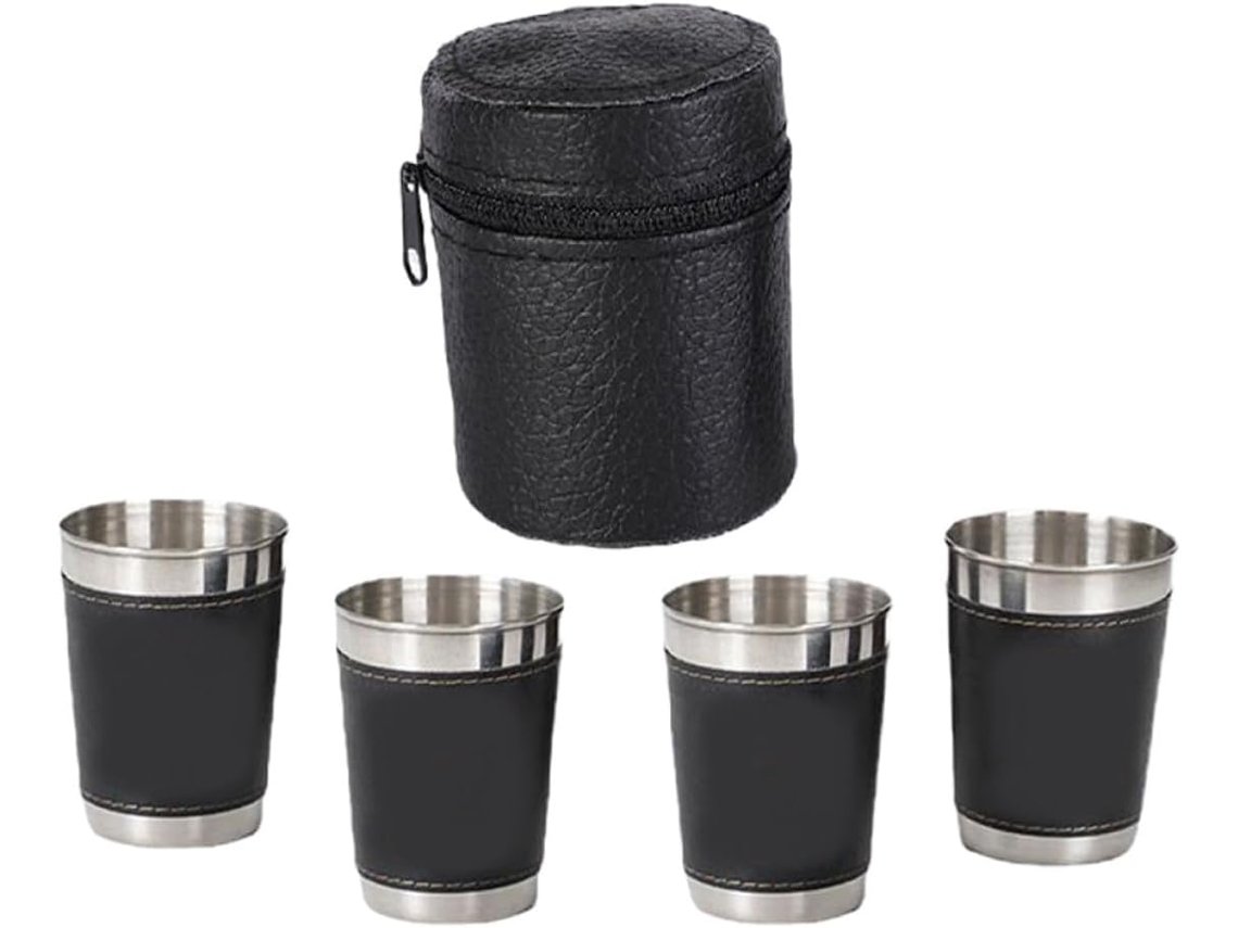 Copo de Dose Inoomp em Aço Inoxidável, 70ml, com Estojo de Couro. Copo de Metal Compacto para Camping, Trilhas e CHABERLU