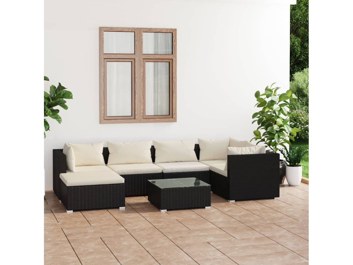7 Pcs Conjunto Lounge De Jardim C/ Almofadões Vime Pe Preto Dkd Home Decor