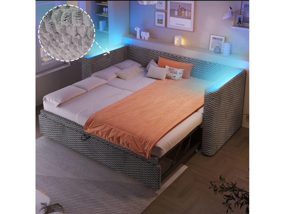 Sofá cama Extensível 90/180x200 Cm, Led, Ripas, Veludo Cinza VSOGA