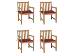 Vidaxl Cadeiras Jardim C/ Almofadões Vermelho Tinto 4 Pcs Teca Maciça
