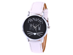 Relógio de pulso de quartzo unissex com pulseira de couro, estampa de gato branco.